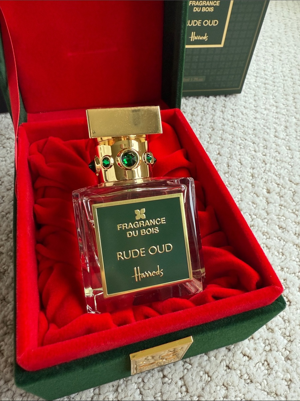 Harrods Rude Oud Fragrance Bottle in Green and Gold